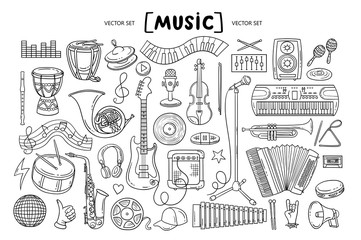 Vector cartoon set on the theme of music. Isolated doodles of musical instruments and symbols on white background. Line art