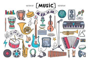 Vector colorful set on the theme of music. Isolated cartoon doodles of musical instruments and symbols on white background. Line art