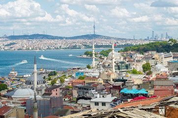 Top view. Golden Horn, Bosphorus in background. White pleasure ships. Seagulls flying over water. popular tourist destination. Red tiled roofs. Turkey, Istanbul