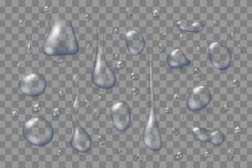 Transparent water drops on the transparent surface. Vector illustration