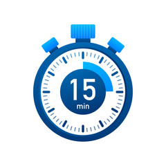 The 15 minutes, stopwatch vector icon. Stopwatch icon in flat style, timer on on color background. Vector illustration.