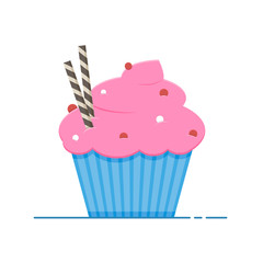 Vector isolated cupcake with sprinkles and chocolate sticks. Flat graphics. 