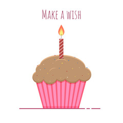 Vector isolated cupcake with sprinkles and a burning candle. Flat graphics.