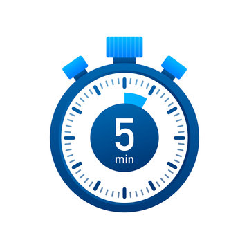 The 5 minutes, stopwatch vector icon. Stopwatch icon in flat style, timer on on color background. Vector illustration.