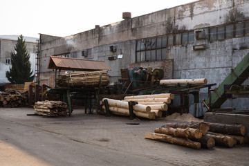Fototapeta na wymiar Bark removal from large logs on sawmill. Preparation of the wooden logs to sawing on a cutting line on a saw mill. Lumber industry. A pile of logs lie on a platform. Processing of timber at the