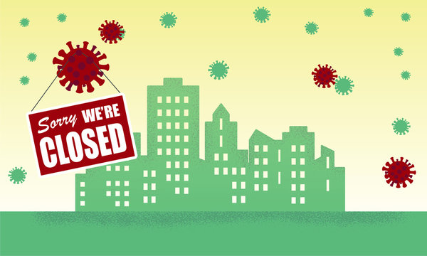 Closed sign hanging from floating coronavirus microbe with city backdrop with copy space Businesses are closing due to stay-home-stay-safe orders. 