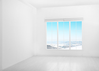 Fototapeta na wymiar Beautiful view of snowy mountains through big window