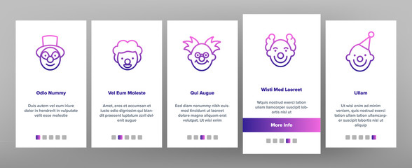 Clown Circus Character Onboarding Icons Set Vector. Happy Smiling And Unhappy Sad Different Mood Carnival Funny Clown Joker Illustrations