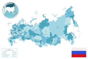 Russia administrative blue-green map with country flag and location on a globe.