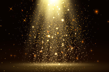 Stage light and golden glitter lights effect with gold rays, beams and falling glittering dust on floor. Abstract gold background for display your product. Shiny spotlight or stage. - obrazy, fototapety, plakaty