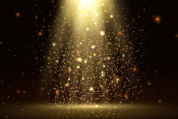 Schilderijen op glas Stage light and golden glitter lights effect with gold rays, beams and falling glittering dust on floor. Abstract gold background for display your product. Shiny spotlight or stage. © pipochka