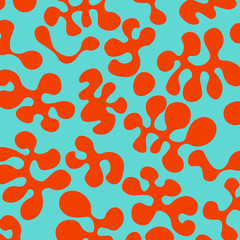 Orange and teal blue organic and flowing blobs in repeating background. Inspired by groovy 1970s psychedelic art and lava lamps.