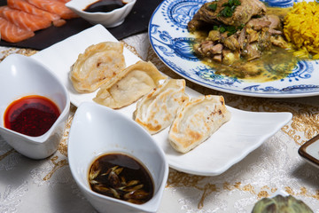 Traditional homemade chicken and vegtables gyozas.