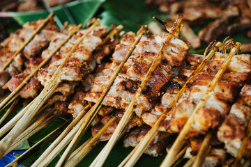 Chicken skewers street food in Luang Prabang, Loas, Southeast Asia