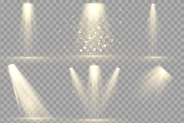 Set of Spotlight isolated . Vector glowing light effect with gold rays and beams. Scene illumination collection, transparent effects. Bright lighting with spotlights.