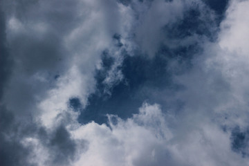 Fototapeta na wymiar Blurry image of cloudy sky. Blue sky and dark clouds. Colorful nature background. 