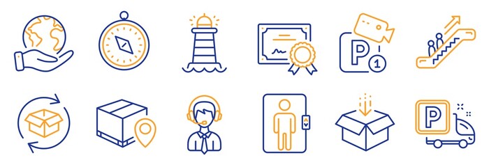 Set of Transportation icons, such as Get box, Elevator. Certificate, save planet. Lighthouse, Travel compass, Truck parking. Shipping support, Return parcel, Parcel tracking. Vector
