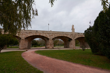 Fototapeta na wymiar Columns and arches of stone bridge