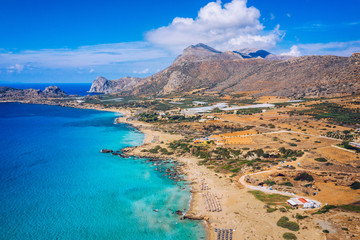 Aerial shot of beautiful turquoise beach Falasarna (Falassarna) in Crete, Greece. View of famous...