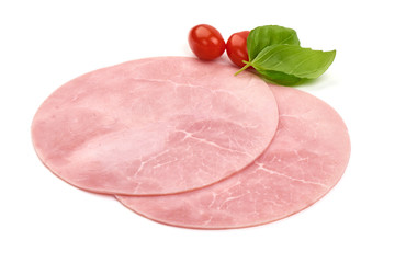 Thinly Sliced Ham, boiled sausage, isolated on white background