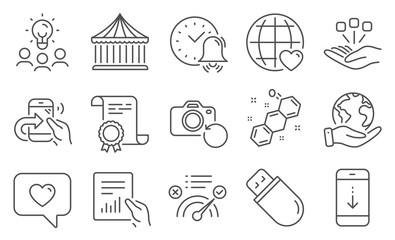 Set of Technology icons, such as Usb stick, Scroll down. Diploma, ideas, save planet. Share call, Consolidation, Alarm bell. Carousels, Love message, Correct answer. Vector