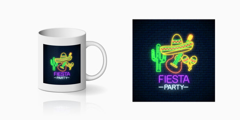 Glowing neon fiesta holiday sign for cup design. Mexican festival design with guitar, maracas, sombrero hat and cactus in neon style on mug mockup. Vector shiny design element