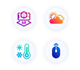 Augmented reality, Weather thermometer and Sunny weather icons simple set. Button with halftone dots. Swipe up sign. Phone simulation, Temperature, Summer. Scrolling page. Science set. Vector