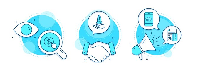Crowdfunding, Smartphone buying and Buy currency line icons set. Handshake deal, research and promotion complex icons. Credit card sign. Start business, Website shopping, Money exchange. Vector