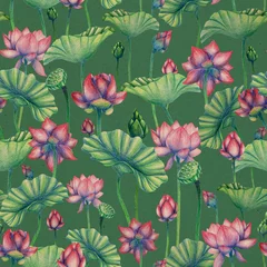 Plexiglas foto achterwand Seamless pattern with lotus flowers. Floral pattern. Background with water lily. Indian lotus pattern. Botanical background. Perfect for textile, fabrics. invitation, wrapping paper, wallpaper.  © Яніна Бондар