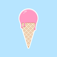 Vector isolated pink ice cream in a waffle cone. Light blue background. Flat graphics.
