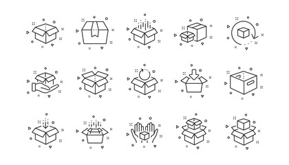 Package, delivery boxes, cargo box. Box line icons. Cargo distribution, export boxes, return parcel icons. Shipment of goods, open package. Linear set. Geometric elements. Quality signs set. Vector