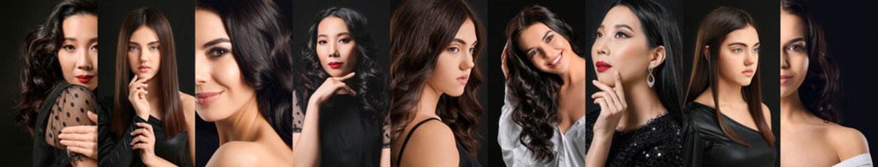 Set of young women with beautiful healthy hair on dark background