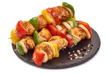 Grilled chicken skewers, roasted shish kebab BBQ, isolated on white background