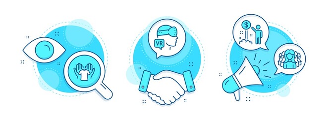 Women group, Income money and Augmented reality line icons set. Handshake deal, research and promotion complex icons. Hold t-shirt sign. Lady service, Wealth, Virtual reality. Laundry shirt. Vector