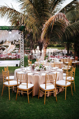 International Wedding outdoor celebration party under palm trees. Served tables on green area in hotel. Landyard. Beige and pink colors. Close-up and wide angle.