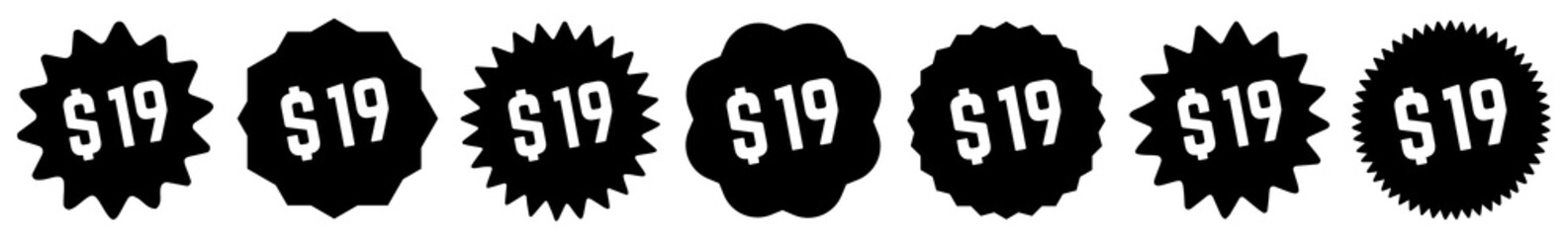 19 Price Tag Black | 19 Dollar | Special Offer Icon | Sale Sticker | Deal Label | Variations