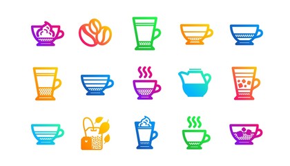 Mocha, Cappuccino and Latte. Coffee types and Tea icons. Americano cup classic icon set. Gradient patterns. Quality signs set. Vector