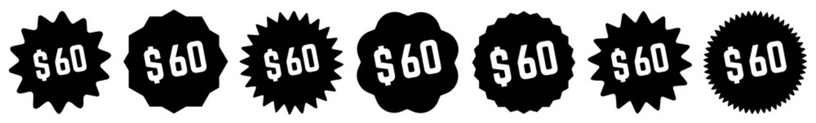 60 Price Tag Black | 60 Dollar | Special Offer Icon | Sale Sticker | Deal Label | Variations