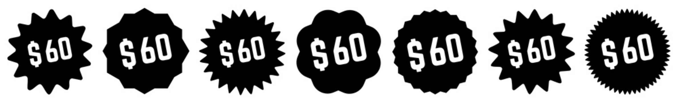 60 Price Tag Black | 60 Dollar | Special Offer Icon | Sale Sticker | Deal Label | Variations