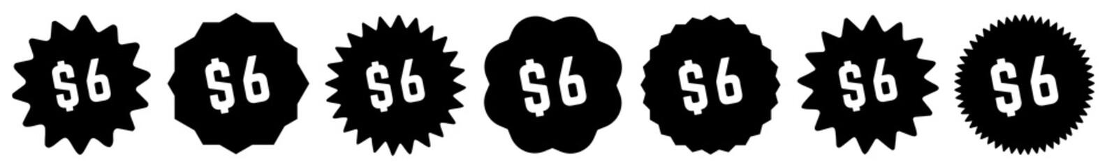 6 Price Tag Black | 6 Dollar | Special Offer Icon | Sale Sticker | Deal Label | Variations