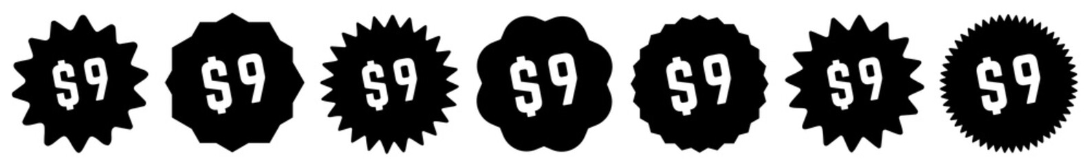 9 Price Tag Black | 9 Dollar | Special Offer Icon | Sale Sticker | Deal Label | Variations