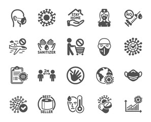 Coronavirus icons. Medical mask, washing hands hygiene, protective glasses. Stay home, hands sanitizer, coronavirus epidemic mask icons. Covid-19 virus pandemic, no vaccine, toilet paper. Vector