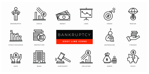Fototapeta premium Insolvency, Bankruptcy and finance icon set - minimal thin outline, web icon and symbol collection – crisis, financial, business, finance, money, inflation, crash, Simple edgy vector illustration.