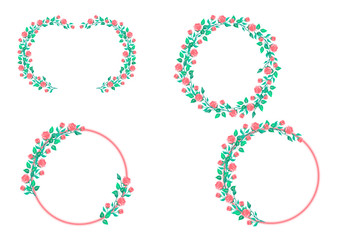 Set of round frames made of rose flowers. 