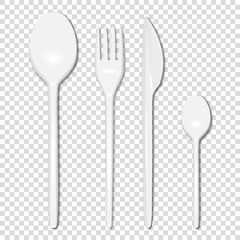 Vector 3d Realistic Cutlery - White Plastic Disposable Fork, Spoon and Knife Icon Set Isolated on Transparent Background. Top View. Design template, Mock up for Graphics, Branding Identity, Printing