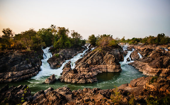 River flowing from Si Phi Falls or Somphamit also knows as Liphi waterfalls or Don Khone on the island of Don Det, four thousand islands, Si Phan Don, Laos, Southeast Asia