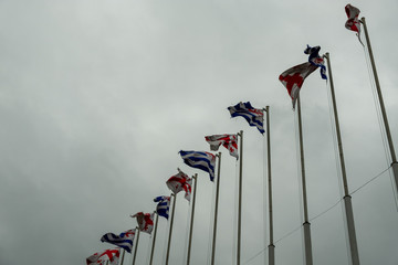 Flags of the state of Georgia on tall posts. Flagpoles on the street. Day Cloudy.