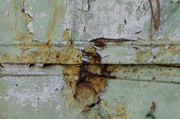 Iron fence. Iron old door. Old paint on the door, the fence.