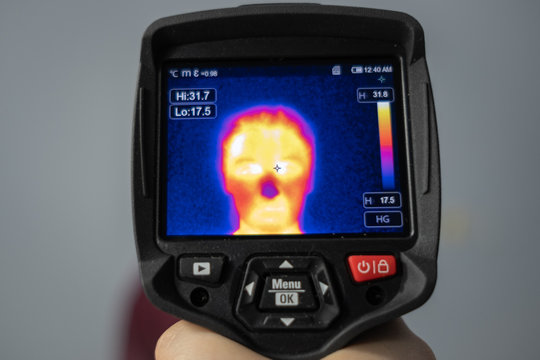 Thermal camera vision of woman, Coronavirus high fever control, Covid-19 protection concept