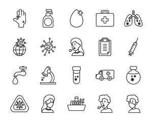 diseased lungs and coronavirus preventions icon set, line style